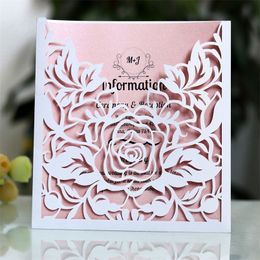 1pcs Elegant Lace Pocket Wedding Invitations Card Square Laser Cut Rose Flower Customize Greeting Event Party Supplies 220711