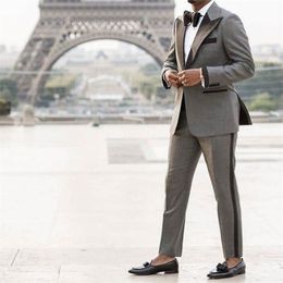 Custom Made Grey Suit Men Peaked Designs Men Attire for Wedding Groom Tuxedo Costume Homme Mariage Terno Masculino 2Piece 201106