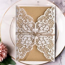 10pcs Elegant Laser Cut Bridal Favor Wedding Invitations Lace Pocket Greeting Customize Invites Card Printing Party Decor 220711