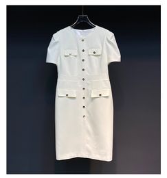 2022 Fall Autumn Short Sleeve Round Neck Ivory Solid Color Panelled Buttons Single-Breasted Dress Elegant Casual Dresses 22G183213