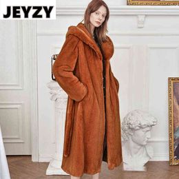 X-Long Faux Rabbit Fur Hooded Coat Women 2020 Autumn Winter Thick Warm Jackets Female Vintage Casual Plus Size Coat With Belt T220810