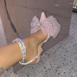 Sandals Womens Topquality for Mach Stiletto Dress Shoe Satin Mesh Bow Pumps Crystal Embellished Rhinestone Evening Shoes Luxury Designer Ankle Strap Summer High He