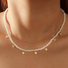 Pendant Necklaces Frosty Style Golden Love Heart-Shaped White Imitation Pearl Necklace Women's Neck Decoration Double-Layer Clavicle Cha