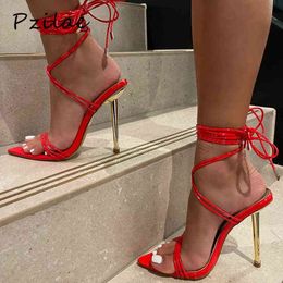 Sandals Pzilae Shoes Women Gladiator Pumps Sexy Pointed Toe Metal High Heels Ladies Party Wedding Gold Red Big Size 3542 220704