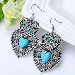 Dangle & Chandelier SHUANGR Vintage Heartstone Blue Natural Stone Double Heart Crystal Drop Earrings For Women Fine Jewellery Accessories Femm