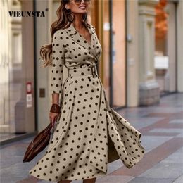 Y2K Spring Autumn Women s Elegant Dress Fashion V Neck Polka Dot Print Three Quarter Sleeve Lace Up Slit Midi Vestido 220611