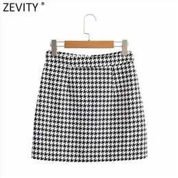 Zevity Women Vintage Houndstooth Plaid Print Casual Slim Pencil Skirt Faldas Mujer Female Back Zipper Chic Vestidos QUN707 210311