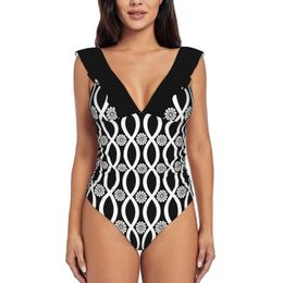 Women's Swimwear Floral Twist Black And White Women Ruffle One Piece Swimsuit Sexy Bodysuit Monokini Bathing Suit Flower SummerWomen's