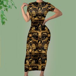 Noisydesigns Elegant Women O Neck Long Maxi Dress Length Stretchy Bodycon Party Ropa Gold Greyhound Dog Print Ladies Summer 220627