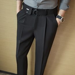 Fashion Belt Design Men Formal Pant 2022 New Solid Color Business Slim Fit Trousers Formal Office Social Party Dress Suit Pants