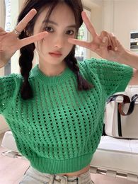 Women's Knits Hollow Short Knitted Top girl's Summer Design Small Gentle Wind Chic Green Sweater bare midriff short-sleeve pullover solid Colour fashion Tees