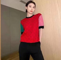 2022GG Women Sweater Summer New Brand Design O-neck Diamonds Button Lattice Knitted Pullover Tops Retro Hit color Short Sleeve Thin Sweater