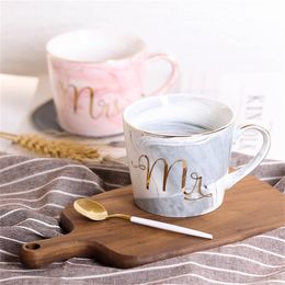 380ml Marble Ceramic Mug Travel Coffee Mug Milk Tea Cups Creative Mr and Mrs Mugs Pink Gold Inlay Breakfast Home Decor T200506