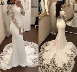 Elegant Satin Mermaid Wedding Gowns With Long Sleeves Lace Appliqued Jewel Neck Bridal Dress Court Train Illusion Buttons Back Vestidos De Novia Plus Size CL0765