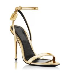 2024 Prefect Tomfords Gold-tone Key & Lock Padlock Sandals Shoes Pointy Gold Chain Link Naked Women Luxury Designer Lady High-heeled Party Wedding Gladiator Sandalias