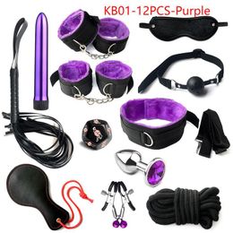 Beauty Items Adult SM BDSM Kits Adults sexy Toys For Women Handcuffs Whip Nipple Clamps Spanking Metal Anal Plug Vibrator 12PCSPurple