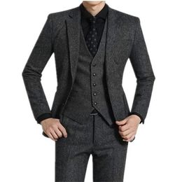 Men's Suits & Blazers Piece Grey Tweed Men For Wedding Peaked Lapel Custom Casual Groom Tuxedos 2022 Winter Man Fashion Clothes Jacket Pants
