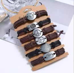 Men's Peace love Leather Bracelet DIY Beaded Strands Combination suit Bracelet 6styles/1set