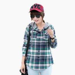 Women's Blouses & Shirts Women Casual Hooded Plaid Shirt Cotton Long Sleeved Tops Girls College Red Green Grey Cap Chequered Blouse FemaleWo