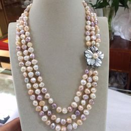 Chains 3row 8-9mm Baroque White Pink Purple Multicolor Freshwater Pearl Necklace 17-19"inches Shell Flowers ClaspChains