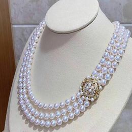 Triple strands 7-8mm natural Akoya white pearl necklace 18"