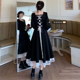-Abiti casual Donne donne in pizzo nero increspatura a manica lunga bendaggio francese abito retrò romantico elegante festa vestidos a-line semplice
