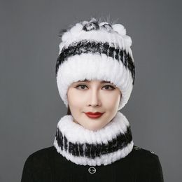 Winter Warm Fur Hats Scarf Women Real Rex Rabbit Beanie Cap With Fox Fur Fluffy