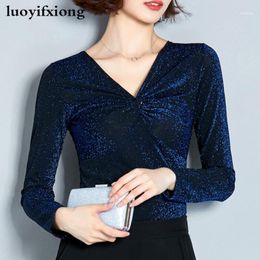 Fashion Bright Silk Women Blouses Long Sleeve V-neck Shiny Lurex Lace Blouse Shirts Korean Plus Size Blusas Ladies Tops Women's &