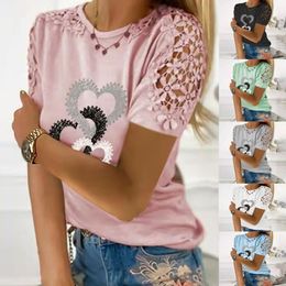 Summer Heart Print T-shirts for Women Hollow Out Lace Short Sleeve Tops Casual Tees