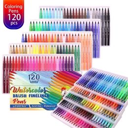 120 Unique and Vibrant Colours FineTip 04mm and Brush Tip 12mm Colouring Felt Tip Pens for Drawing Colouring 210226