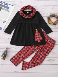 Toddler Girls Christmas Tree Embroidery Top & Gingham Print Pants With Scarf SHE