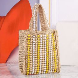 Women's Tote Bag Mini Beaded Straw Soft Shopping Bag for Women 3Colors