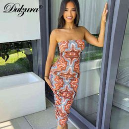 Dulzura Tie Dye Print Women Ruched Tube Midi Dress Bodycon Sexy Streetwear Party Club Elegant 2021 Summer Festival Clothes Y2K G220414