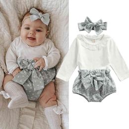 Citgeett Autumn Lovely Baby Girls Boys Clothes Sets Lace Collar Long Sleeves Solid Romper Printed Short Headband Suit J220711