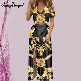 Noisydesigns Summer Dress For Women Slit Bandage Vestidos Ladies Short Sleeve Sexy Fashion European Golden Flower Dropship 220627