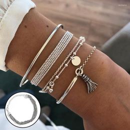 Link Chain 4 Pcs/Set Bohemian Silver Colour Tassel Round Bracelet Set For Women Multilayer Pendant 2022 Fashion Jewellery