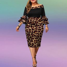 Plus Size Dresses Xl-5xl Elegant Leopard Print Evening For Women Temperament Flare Sleeve Party Dress Wholesale Drop