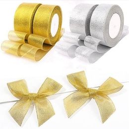 Gold Silver Ribbon 25 Yards 22M Metal Shiny for Wedding Party Christmas Decoration DIY Craft Cake Gift Bow Packaging Y201020