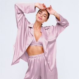 HECHAN Solid Loose Female Pyjamas Satin Turndown Collar Long Sleeve Pocket 2 Piece Set Pants Homewear Silk Women Sleepwear Suits 220329