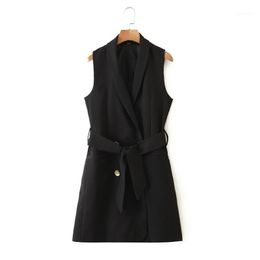 Women's Vests Women Fashion Black Vest Office Lady Young Solid Belt Button Simple Mid-Length I Type 2022 Summer Autumn Minimalism Casual