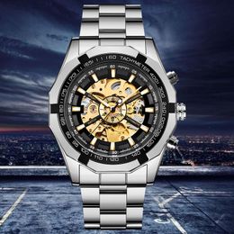 Wristwatches Forsining Brand Silver Gold Luxury Stainless Steel Waterproof Mens Skeleton Watches Transparent Mechanical Male Wrist WatchWris