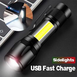 LED Flashlight USB Rechargeable Have Built In Battery Portable Mini COB LED ZOOM Flashlight Outdoor Waterproof Hunting Torch 220601