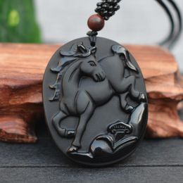 Pendant Necklaces Drop Natural Black Obsidian Stone Carving Chinese Zodiac Horse Lucky Amulet Necklace For Men's Fashion JewelryPendant