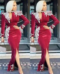 2022 Plus Size Arabic Aso Ebi Burgundy Sexy Sheath Prom Dresses Lace Long Sleeves Velvet Evening Formal Party Second Reception Bridesmaid Gowns Dress