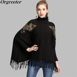 Christmas Women New Embroidery Gold Beading Eagle Cloak Poncho Turtleneck Bat Sleeve Pullover Sweater Tassel Knit Shawl Cape T200128