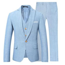 Men's Suits & Blazers Arrival Sky Blue Linen Men Latest Design Slim Fit Wedding 3pc Custom Made Prom Casual Tuxedo Blazer TrousersMen's