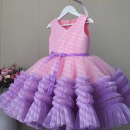 Girl's Dresses Girl Princess Sleeveless Splicing Cake Dress Mesh Lace Fluffy Birthday Party V-neck Prom 0-6-year-old Baby DressGirl's