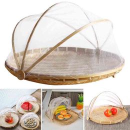 1PC Hand-Woven Food Serving Tent Basket Tray Fruit Vegetable Bread Storage Basket Simple Atmosphere Outdoor Picnic Mesh Net Cover Y220526