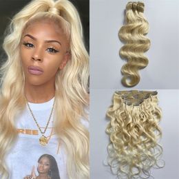 Brazilian Body Wave Clip in Human Hair Extensions 613 Blonde Remy Hair Wefts 8pcs 120g/set for Women