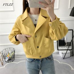 FTLZZ Leather Jackets Women Turndown Collar Single Breasted PU Motorcycle Black Yellow Punk Jacket Female Short Loose Outwear 220815